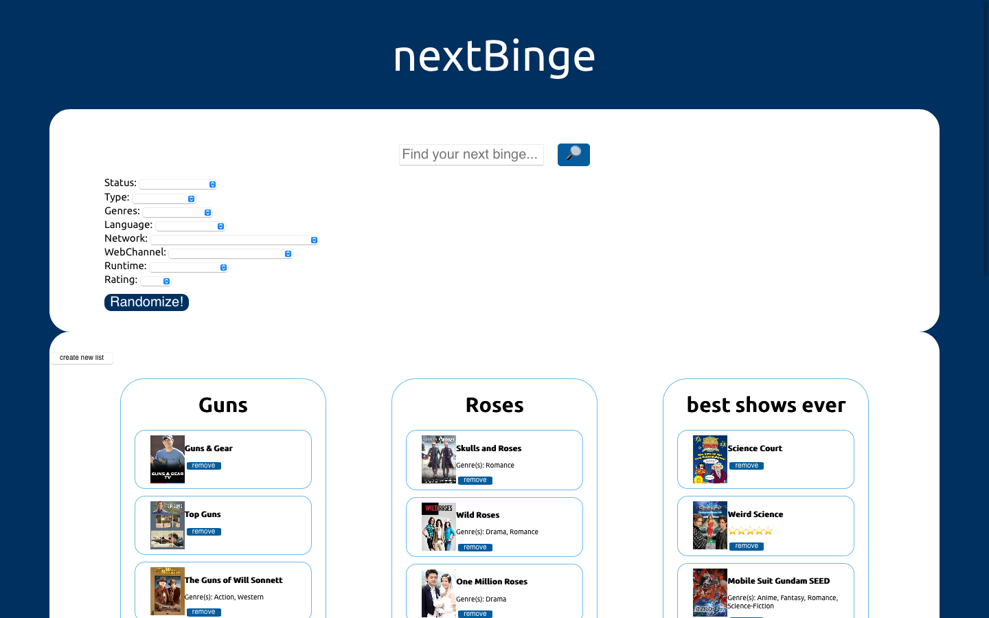 Screenshot of next binge TV show list application